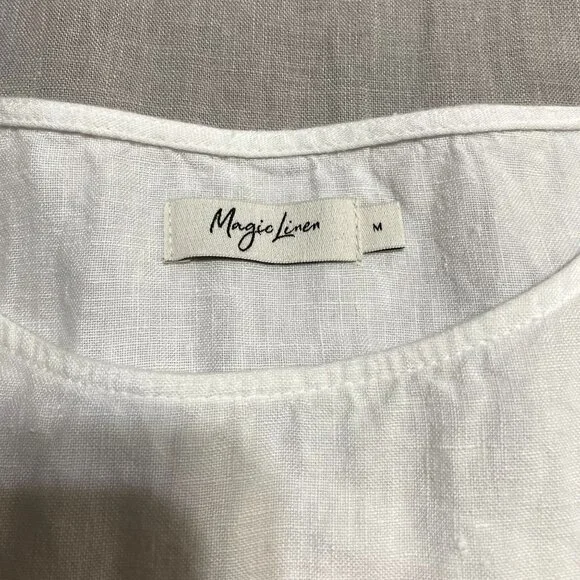 Magic Linen Women's Adria Color Block Linen 3/4 Sleeve Dress Size M White Gray - Picture 7 of 9